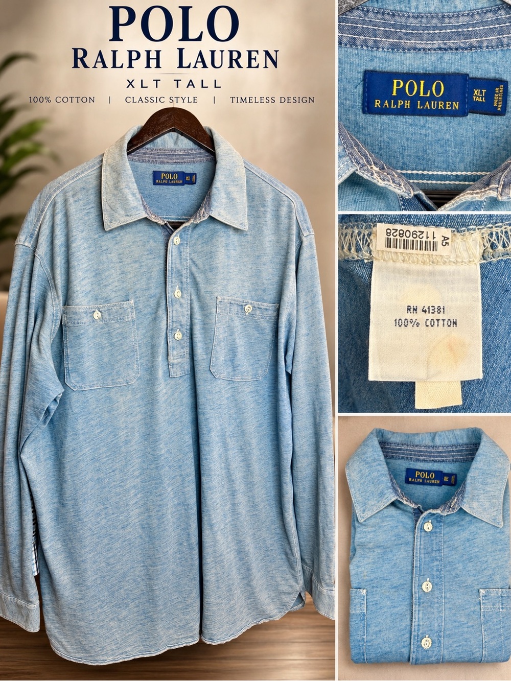 Polo Ralph Lauren XLT Tall Chambray Indigo Shirt 100% Cotton Blue Long Sleeve